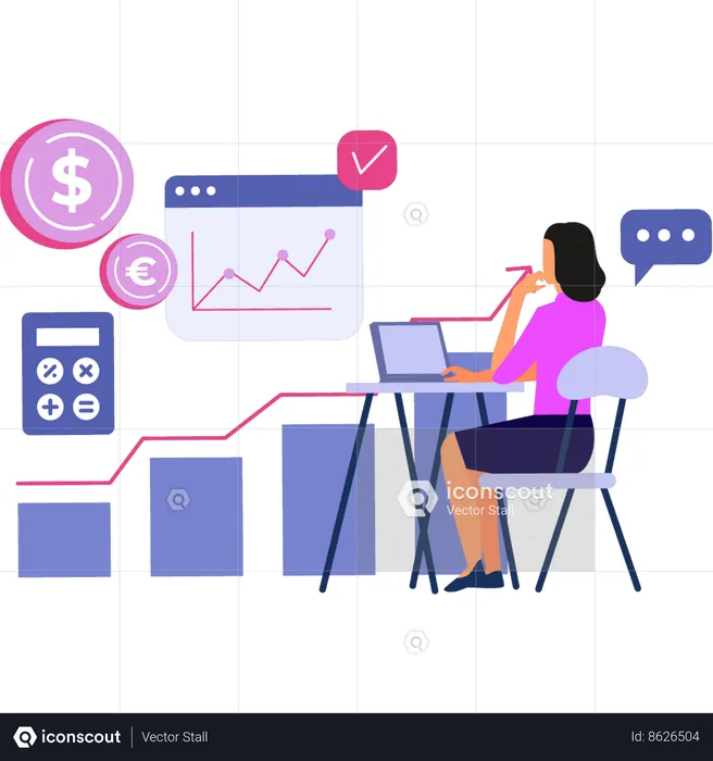 Girl working on laptop on finance business  Illustration