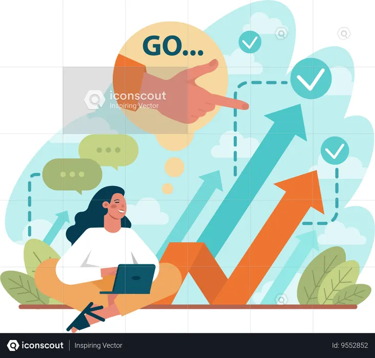Girl working on laptop for growth  Illustration
