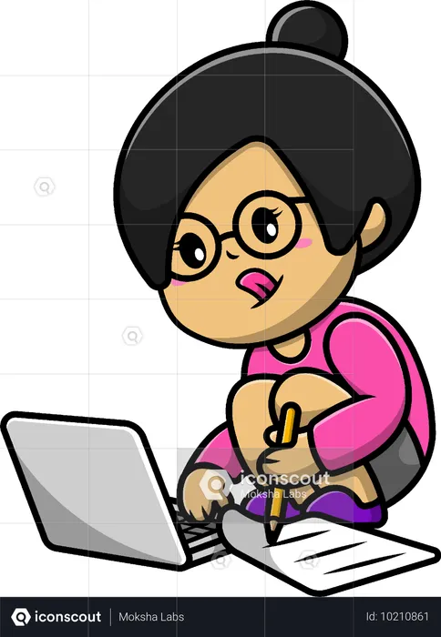 Girl Working On Laptop  Illustration