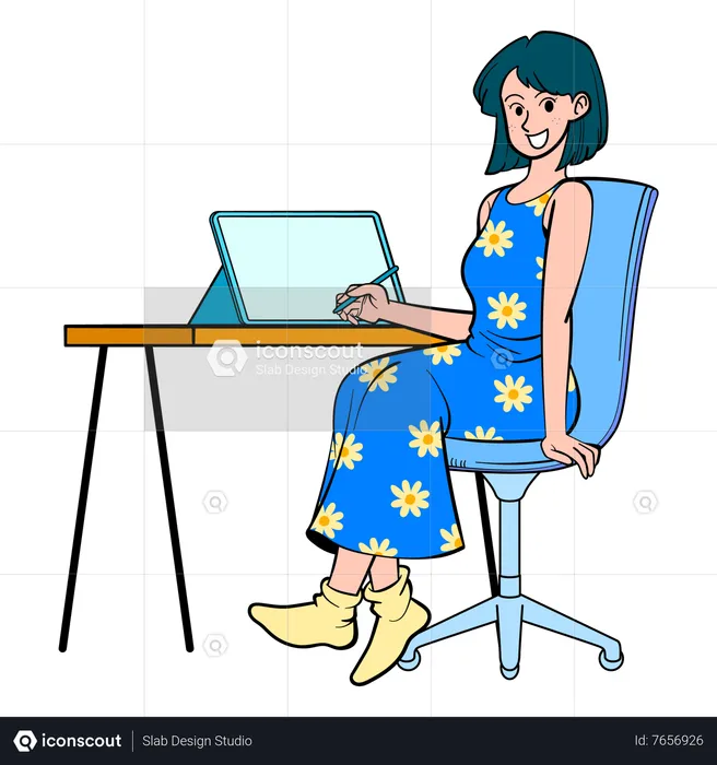 Girl Working On Laptop  Illustration