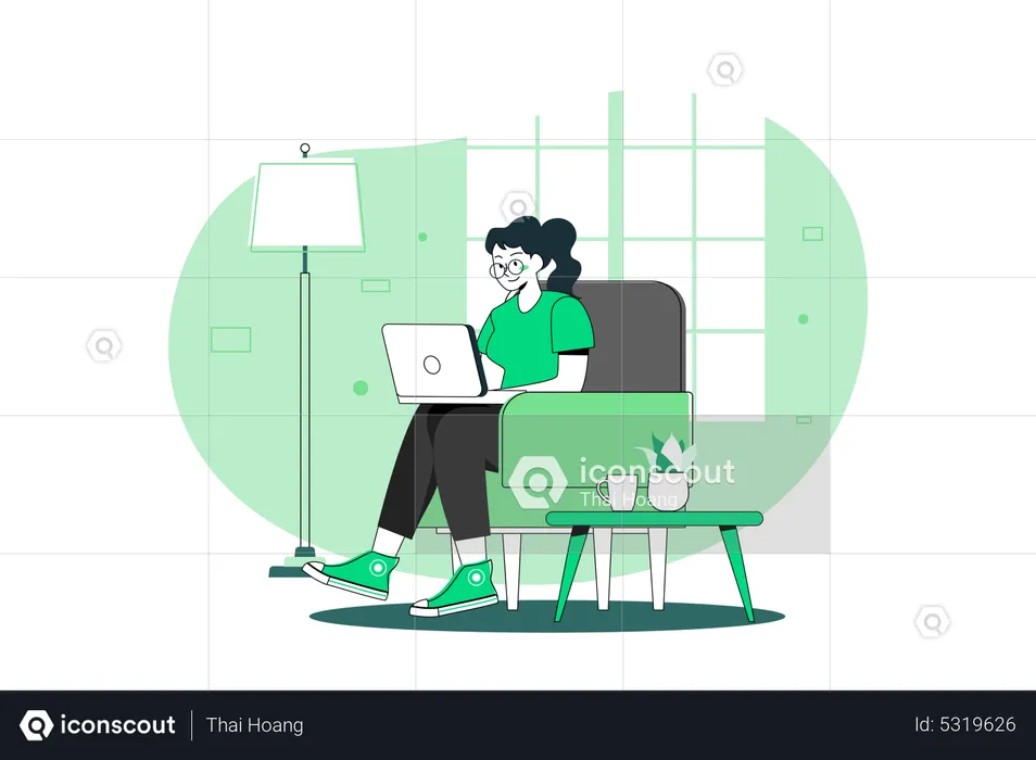 Girl Working On Laptop  Illustration