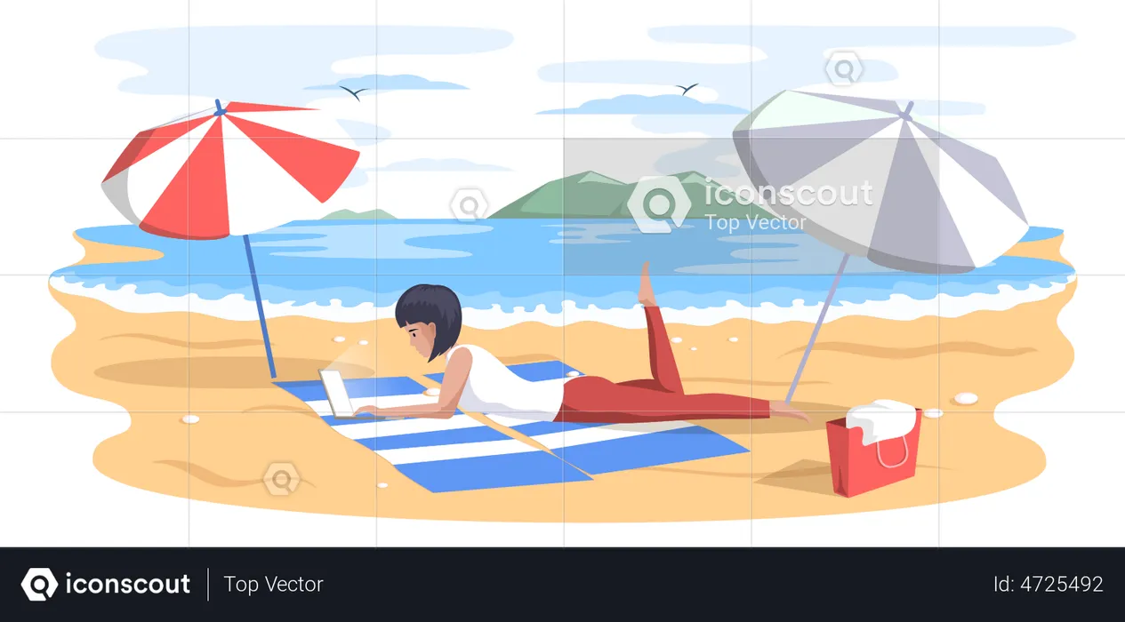 Girl working on laptop near beach  Illustration