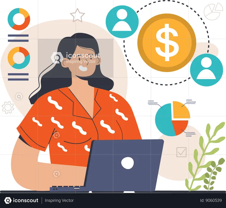 Girl working on laptop while doing financial analysis  Illustration