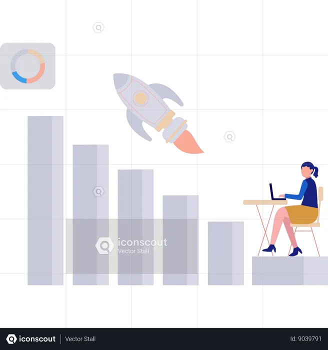 Girl working on laptop while doing startup analysis  Illustration