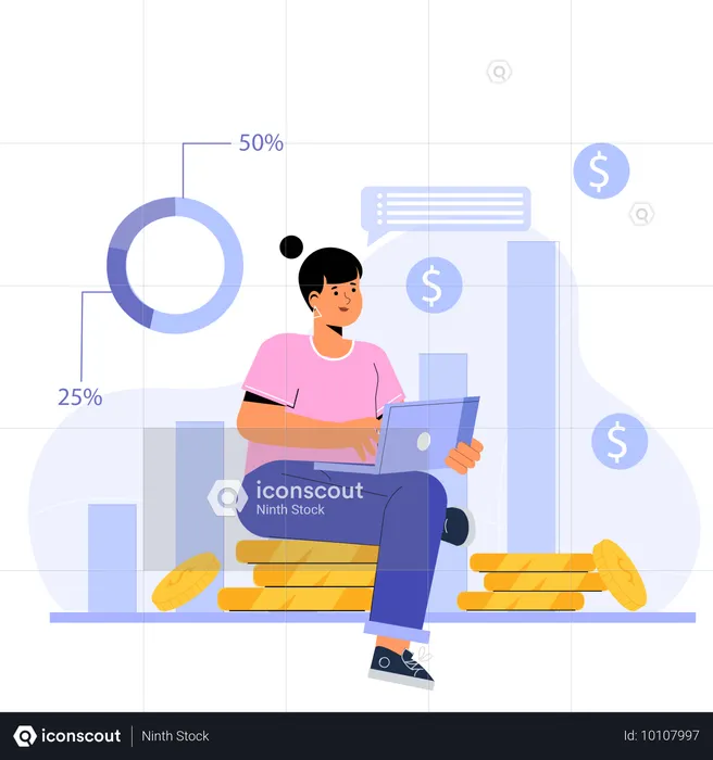 Girl working on laptop while getting financial profit  Illustration