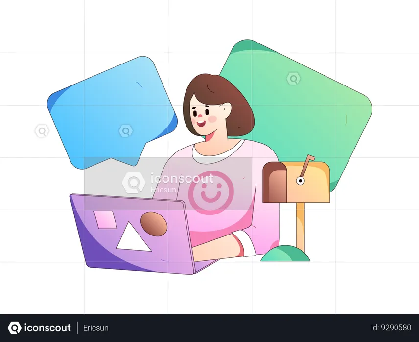 Girl working on laptop while getting mail  Illustration