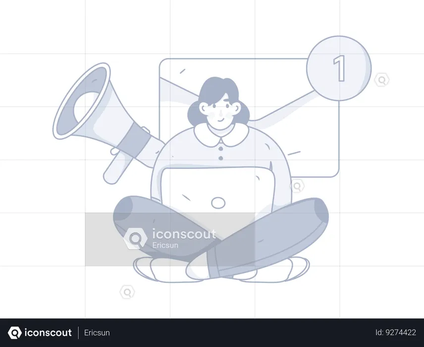Girl working on laptop while getting marketing mail  Illustration