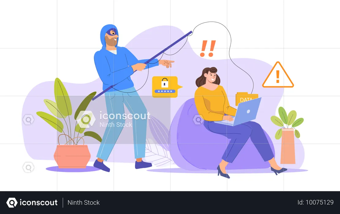 Girl working on laptop while hacker phishing data  Illustration