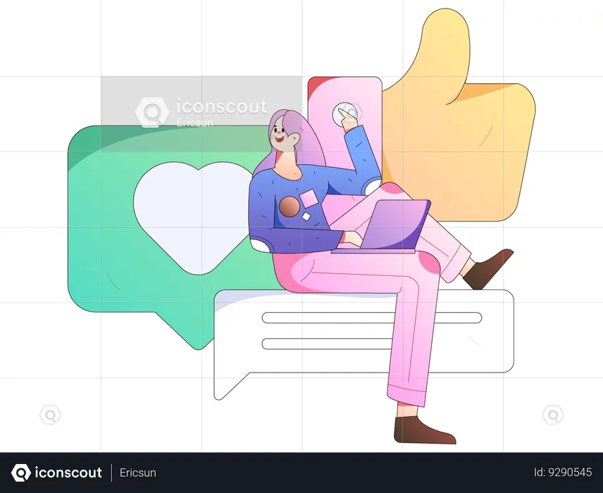 Girl working on laptop while looking feedback  Illustration