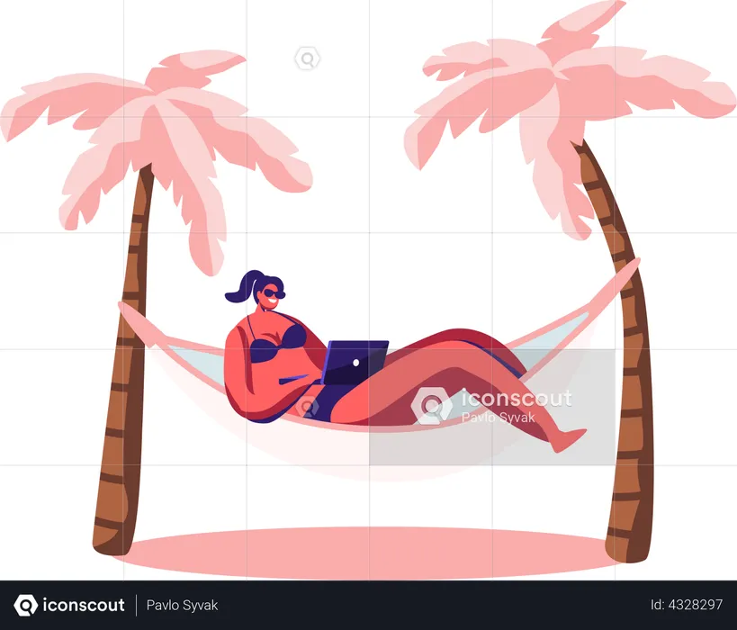 Girl working on laptop while lying on hammock  Illustration