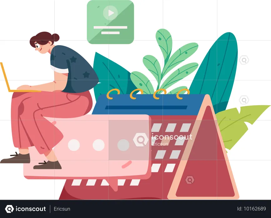 Girl working on laptop while making task schedule  Illustration