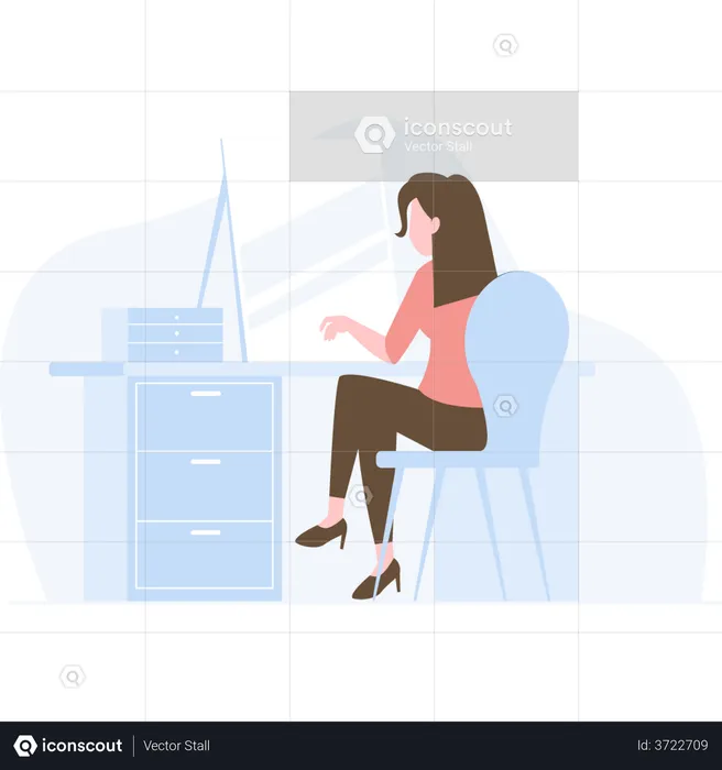 Girl working on laptop while sitting on office desk  Illustration