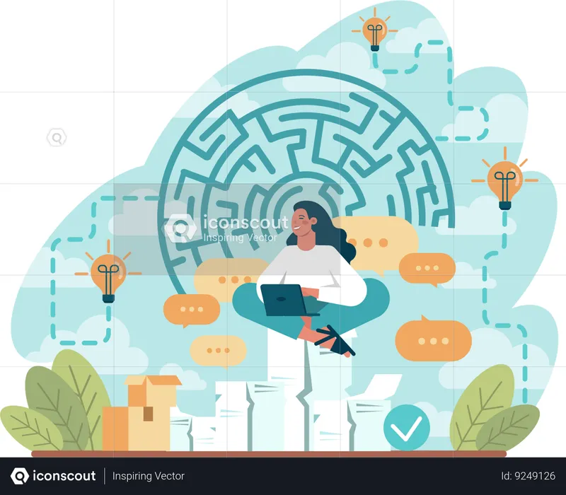 Girl working on laptop while solving maze puzzle  Illustration