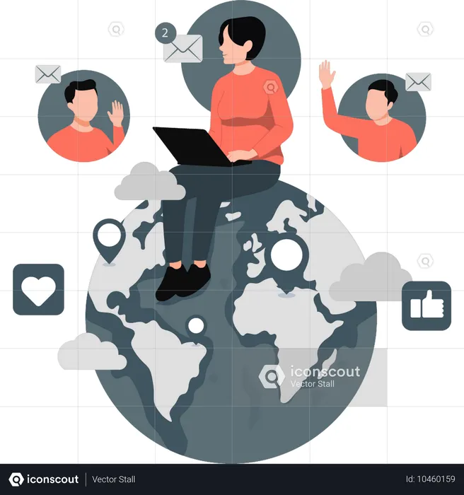 Girl working on laptop with global people  Illustration