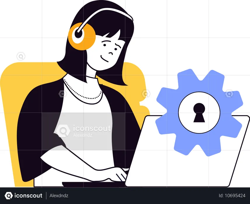 Girl working on laptop with security setting  Illustration