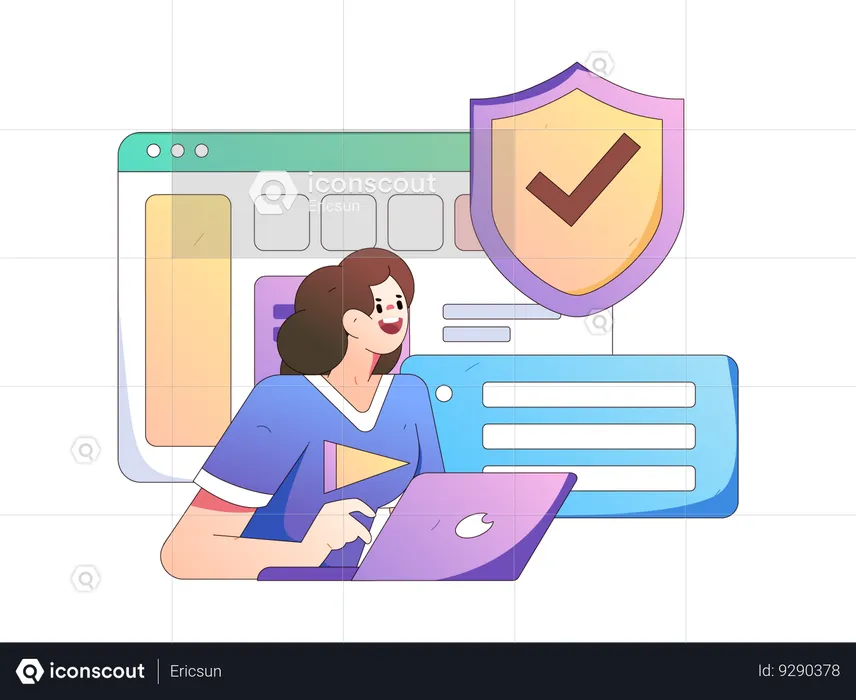 Girl working on laptop with system security  Illustration