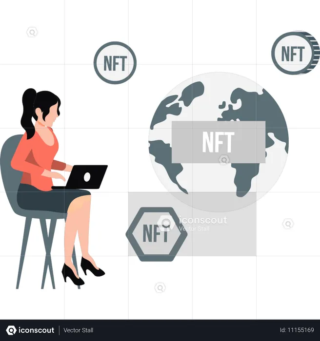 Girl working on NFT coins all over the world  Illustration