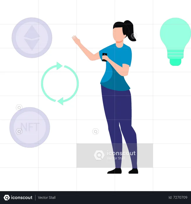 Girl working on NFT cryptocurrency  Illustration