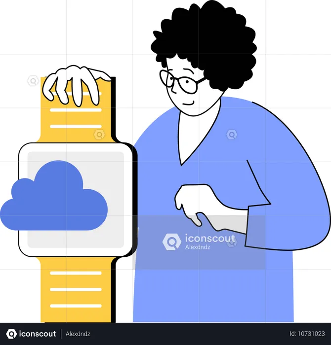 Girl working on smart cloud watch  Illustration