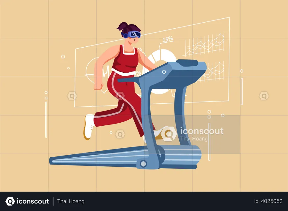Girl working out virtually on treadmill  Illustration