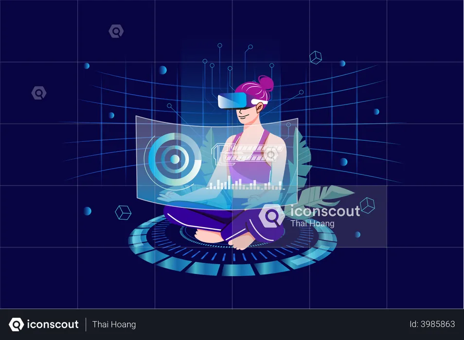 Girl working using VR Tech  Illustration