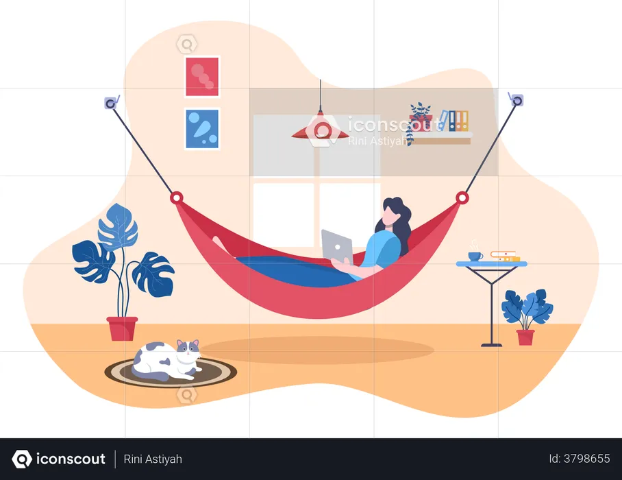 Girl working while lying on hammock from home  Illustration