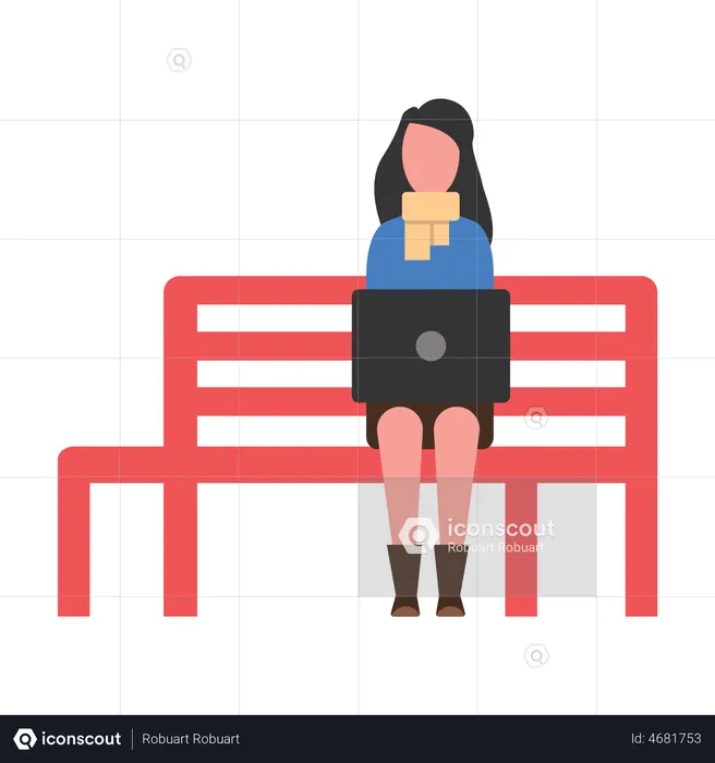 Girl working while sitting on park bench  Illustration