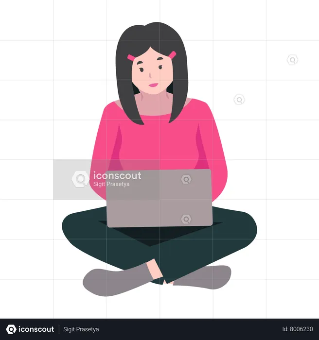 Girl Working with Laptop  Illustration