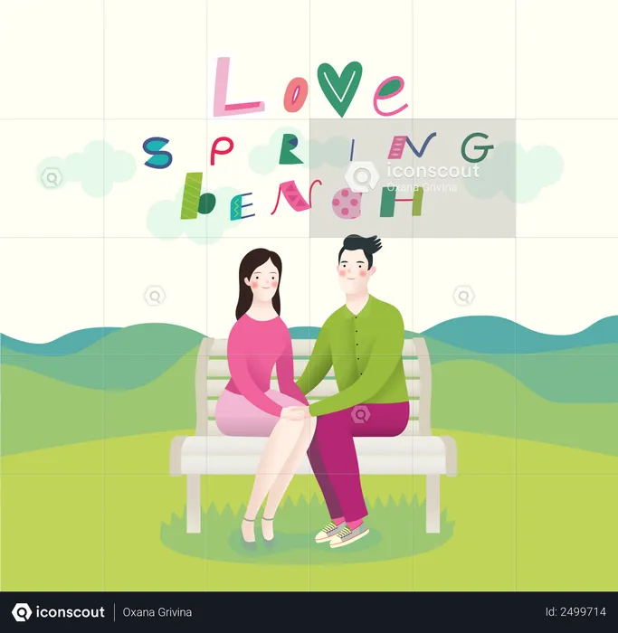 Girlfriend and boyfriend sitting on bench  Illustration