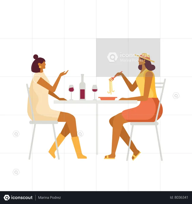 Girlfriends eating pasta in Rome  Illustration