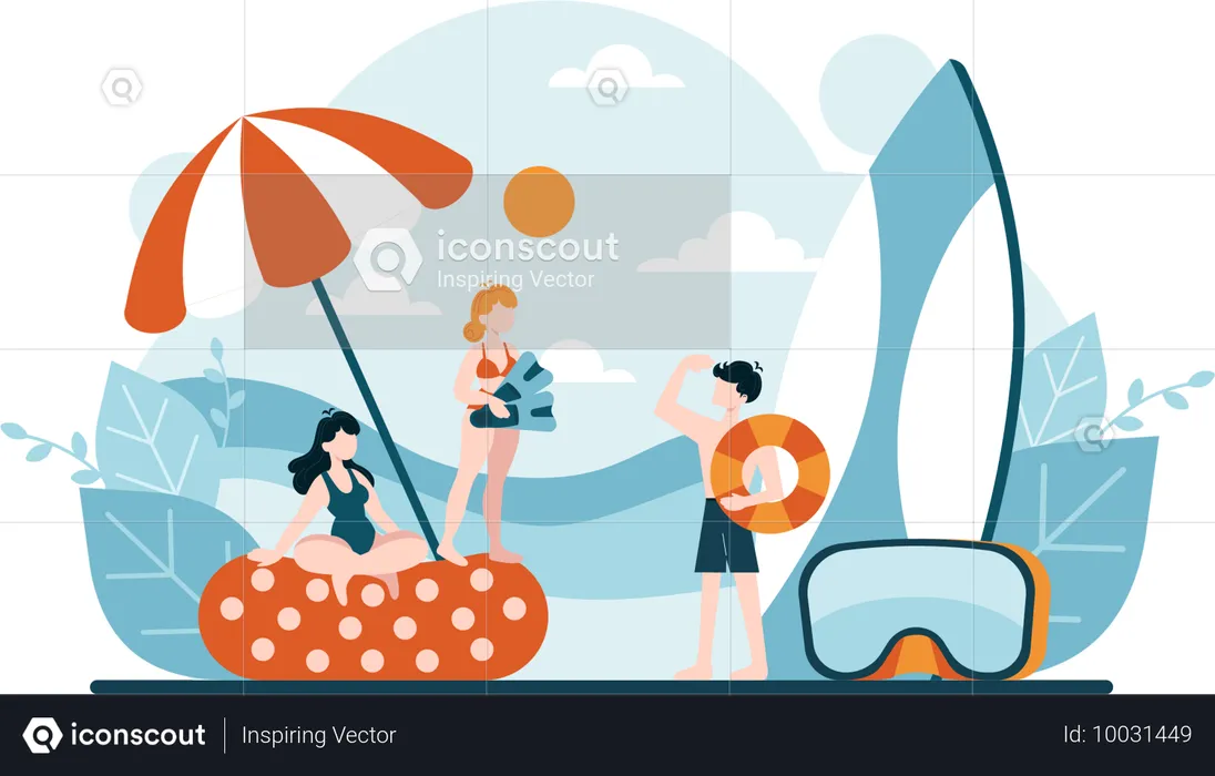 Girls and boy enjoying at beach  Illustration