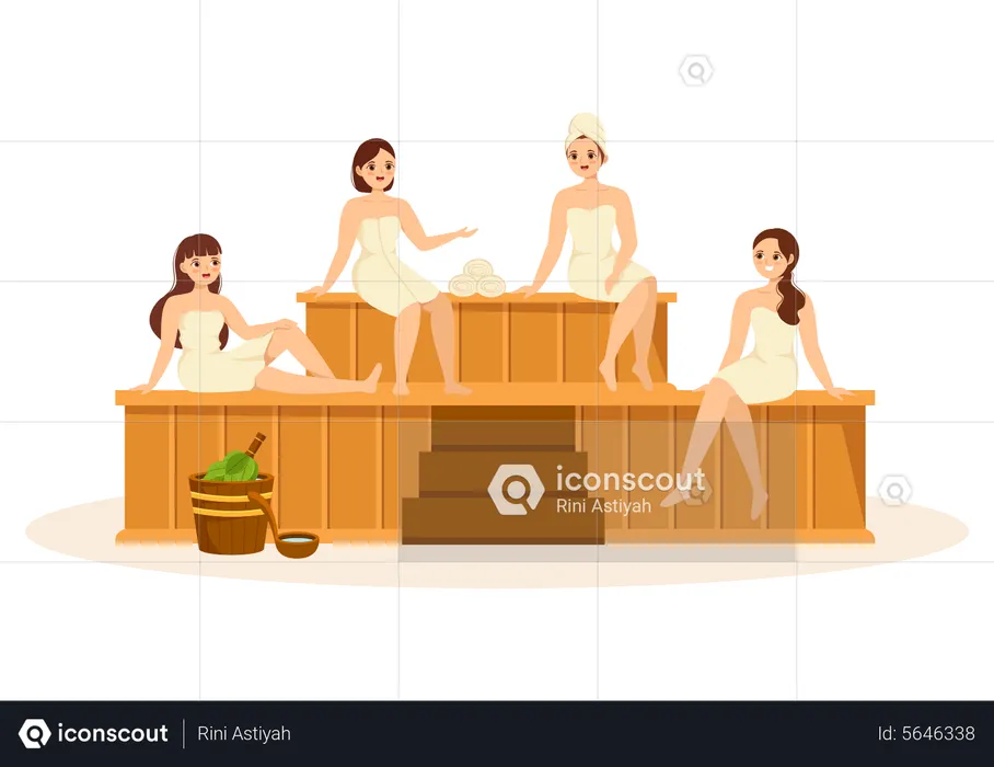 Girls and boys steaming in sauna  Illustration