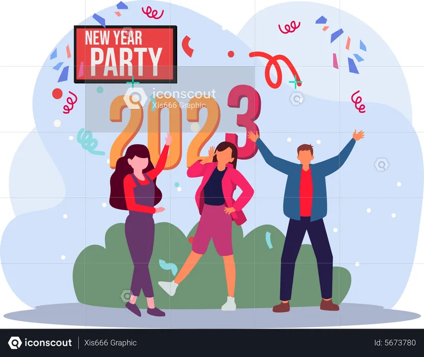 Girls And Man Enjoying New Year Party  Illustration