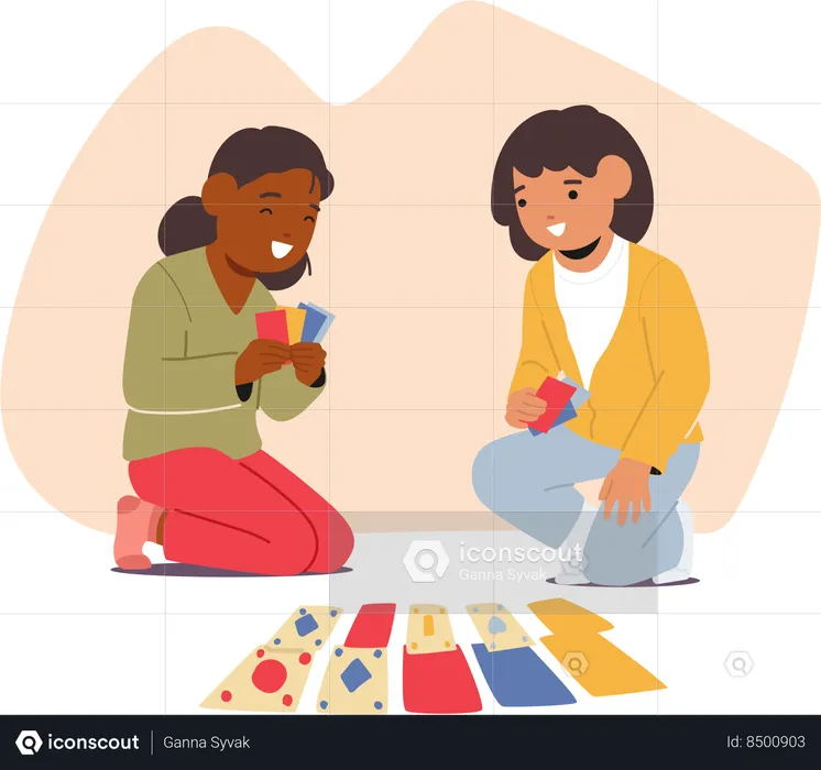 Girls are playing board games on floor  Illustration