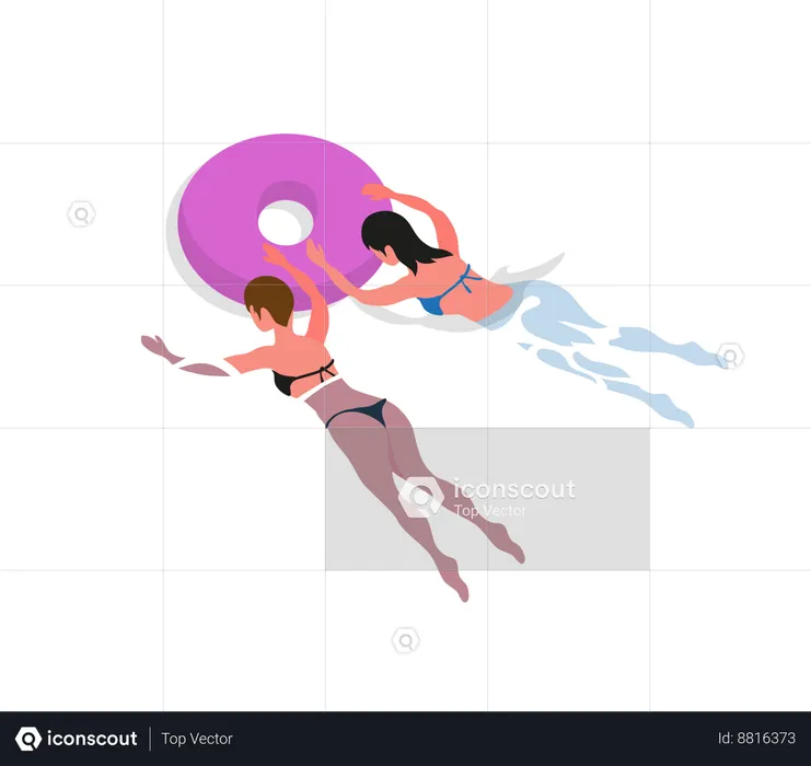 Girls are swimming using inflatable ring  Illustration