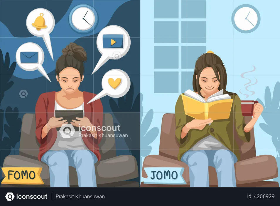 Girls chatting on mobile and reading book  Illustration