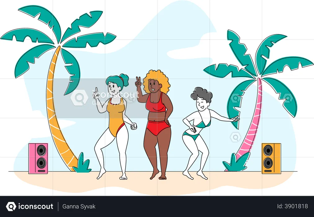 Girls dancing at beach  Illustration
