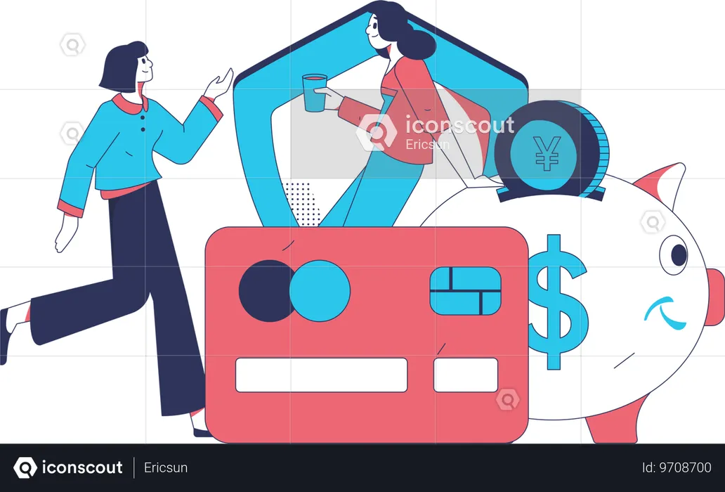 Girls doing card payment in piggy bank  Illustration