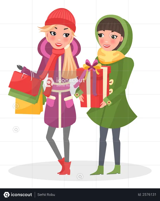 Girls doing christmas shopping  Illustration