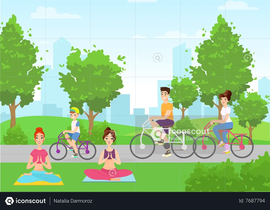 Girls doing meditation at park while kids riding bicycle  Illustration