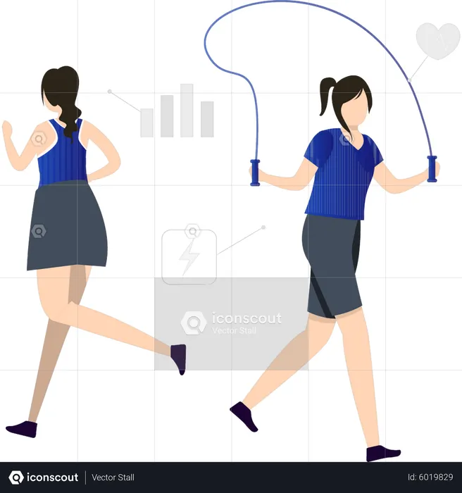 Girls doing skipping rope exercise  Illustration