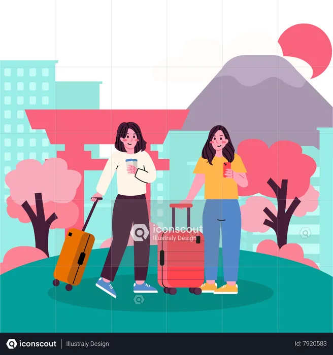 Girls going for Holiday in Tokyo City  Illustration