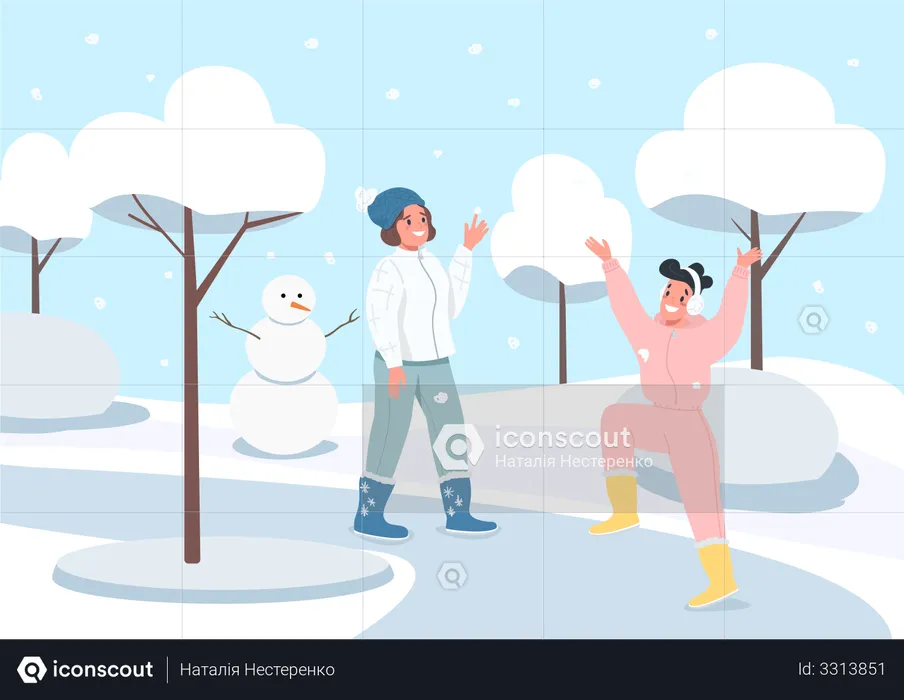 Girls happy for snowfall  Illustration
