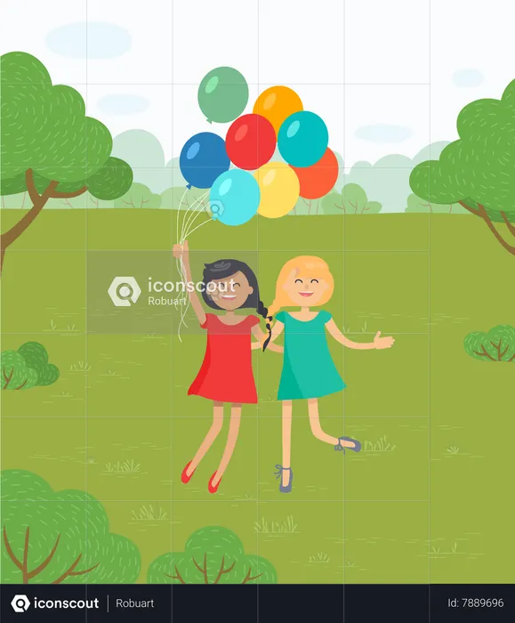 Girls Having Fun Jumping Together with Balloons  Illustration