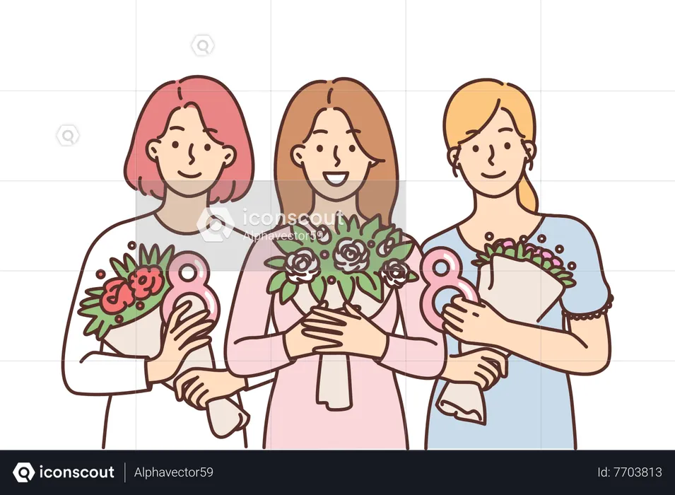 Girls holding flower bouquet  Illustration