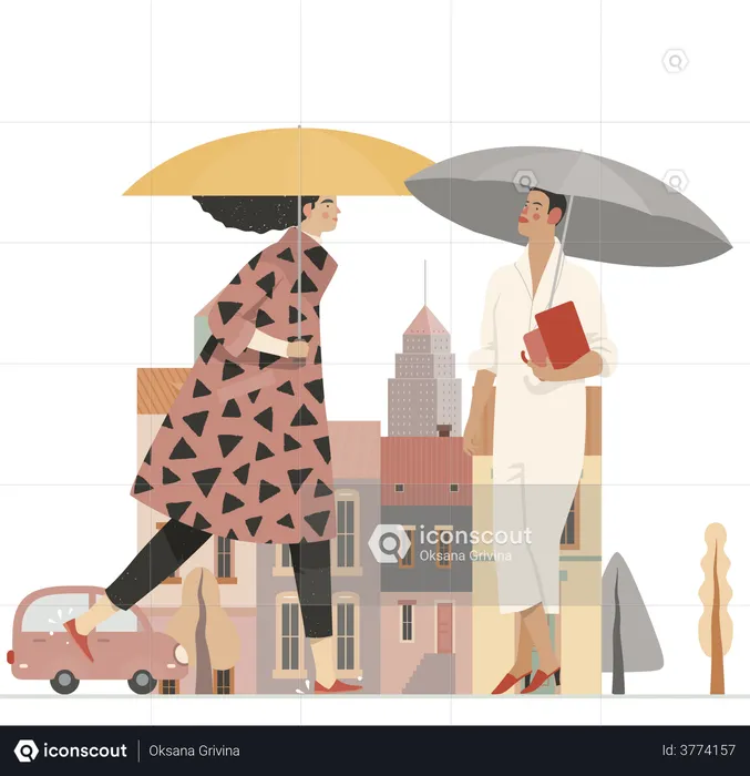 Girls holding umbrella in rain  Illustration