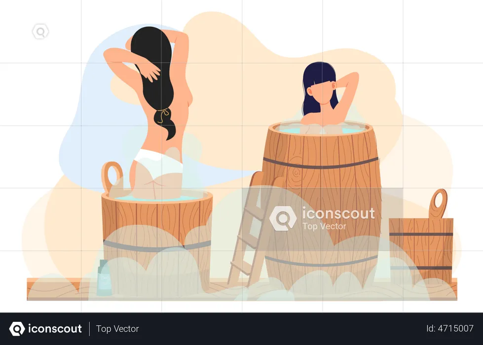 Girls in barrels are resting in sauna in hot steam  Illustration