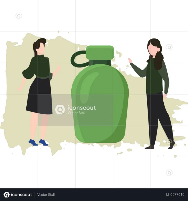 Girls Look At Military Water Bottle  Illustration