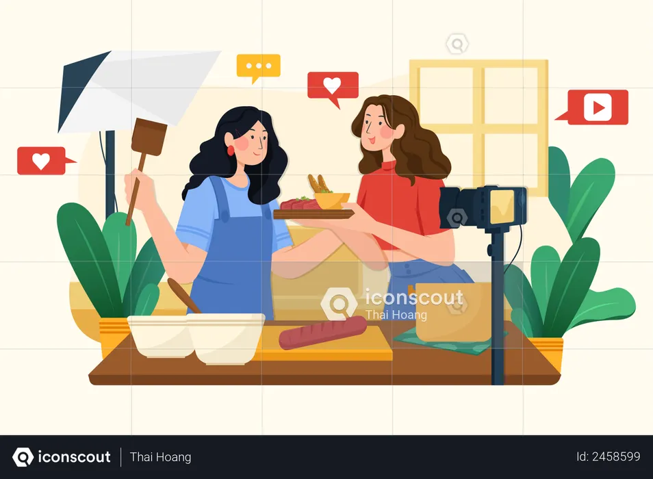 Girls making vlog for cooking  Illustration