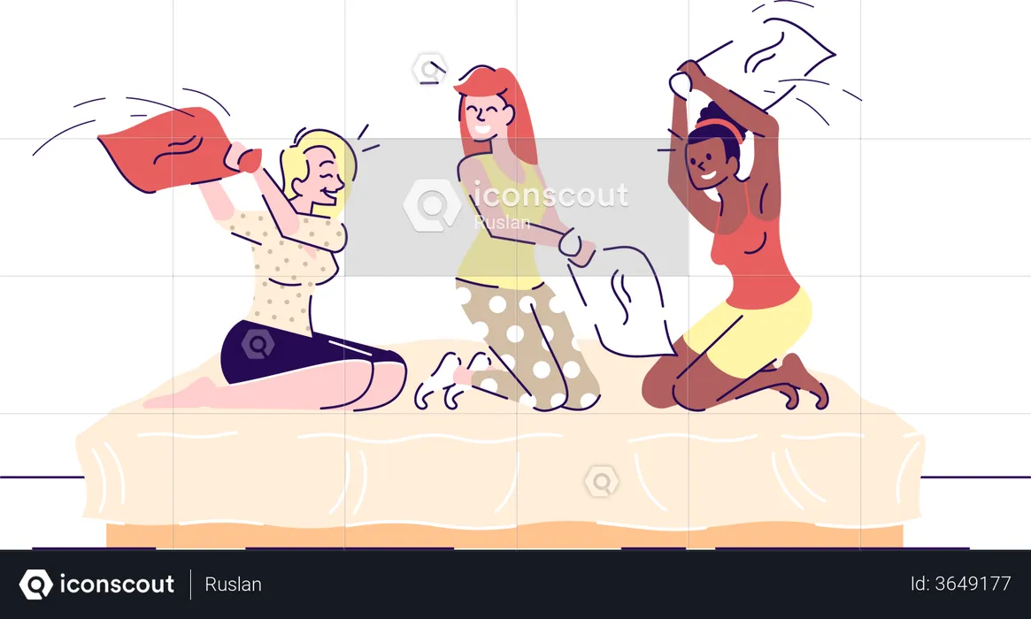 Girls pillow fighting  Illustration